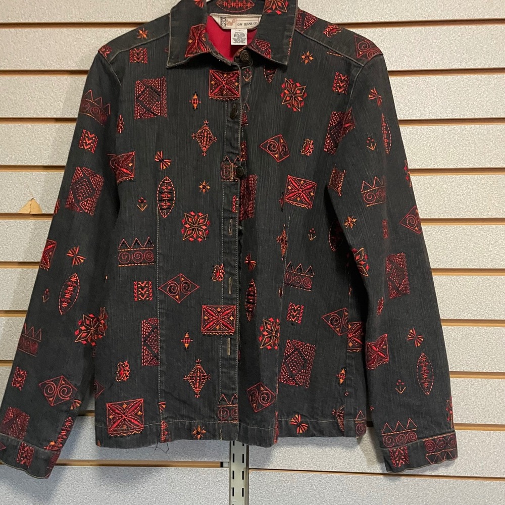 GW Jeans Co Womens Small Black Denim Jacket‎ Red Orange Embroidered Beaded 52180